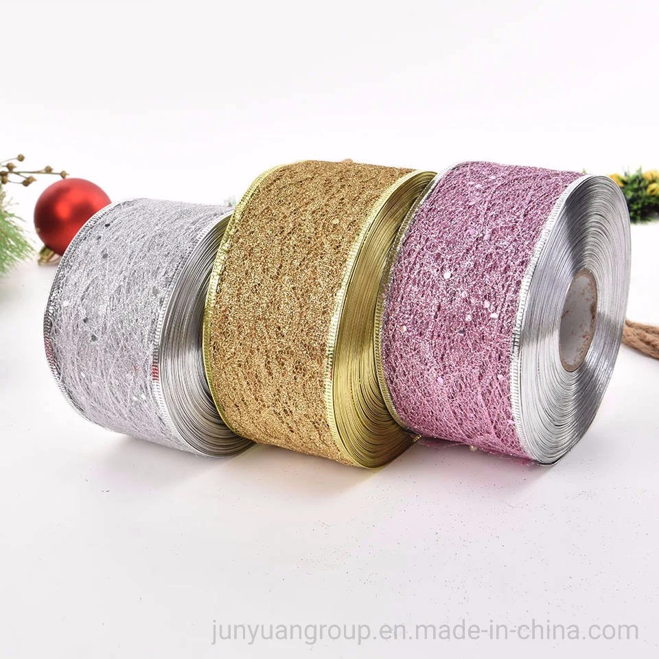 New Style Silver/Gold/Pink/Blue Maple Leaf Glitter Mesh Wired Edge Christmas Ribbon Package Decoration