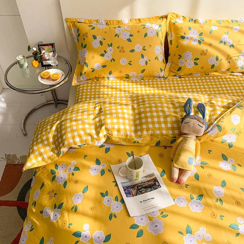 Yellow Small Flower Printing Cotton Bedsheets Comforter Bedding Set 4 PCS Modern Floral Print Bed Spreads Sets