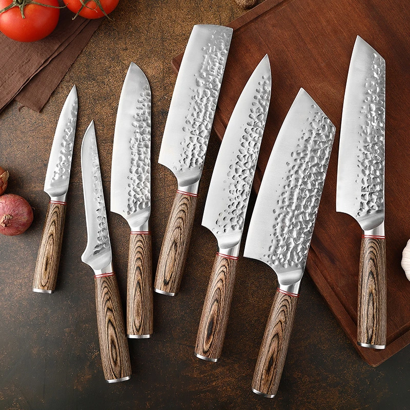 7PCS Kitchen Knives Set with Wood Handle 4Cr13 Steel Boning Nakiri Santoku Kiritsuke Chef Knife