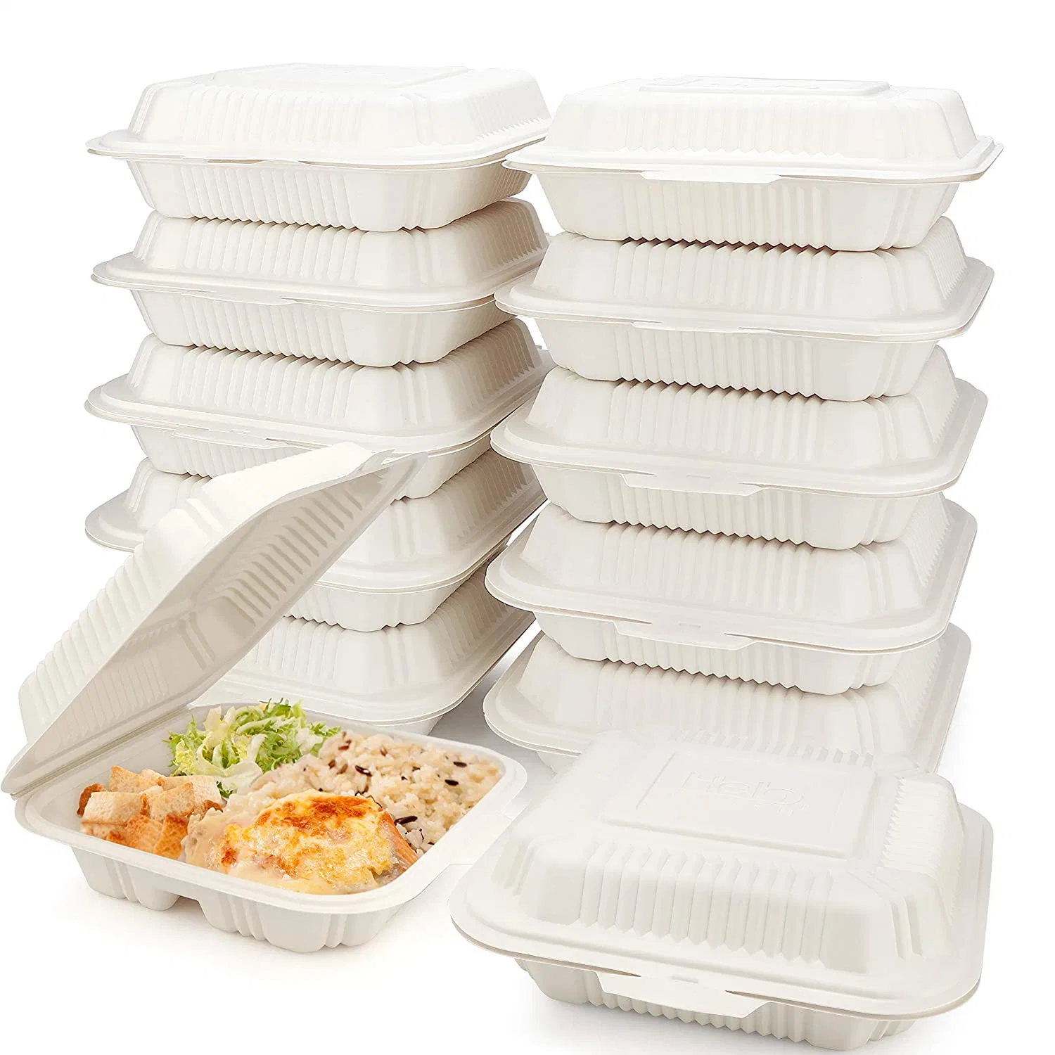 Contenedor de alimentos desechable biodegradable al por mayor de almidón de maíz, bagazo de caña de azúcar y pulpa de papel de almeja con tapa para preparación de comidas en restaurantes para llevar, compostable para almuerzos para llevar