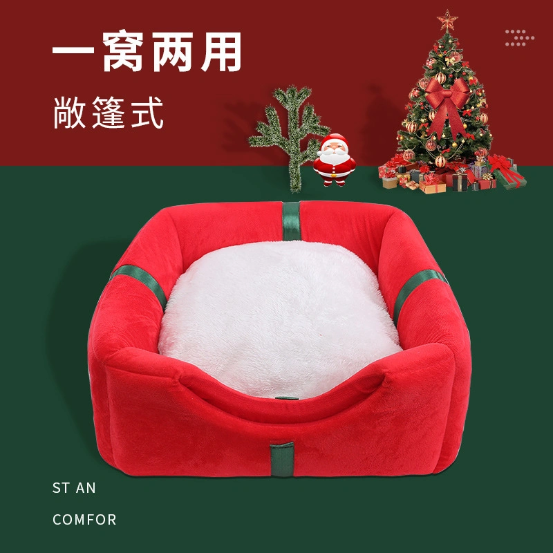 Christmas Cozy Nesk Cat Bed Deep Sleep Large Space Pet Dog House for Winter Dual-Use