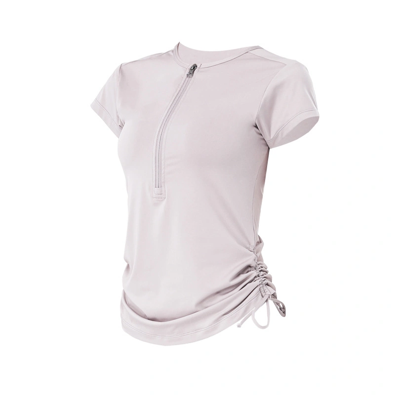 Zipper Deportes Drawstring T- Camisa de manga corta la parte superior de Yoga de las mujeres de color sólido de la ejecución de la ropa de entrenamiento