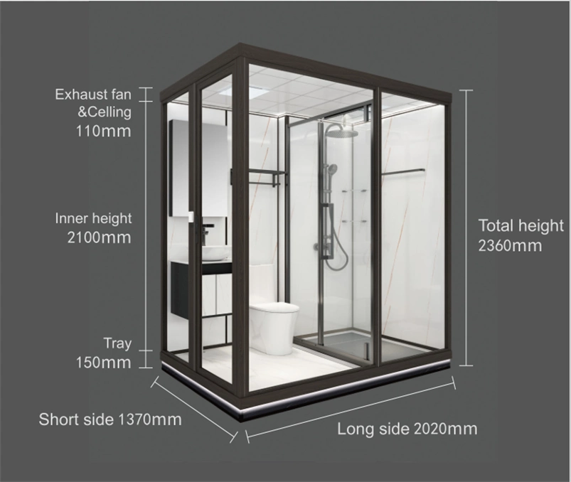 Anpassbare moderne integrierte Badezimmer-Lösung mit Dusche, Waschbecken und Sitzgelegenheit WC Square Schiebetür Glaskabine Design Duschtür Duschkabine mit WC.