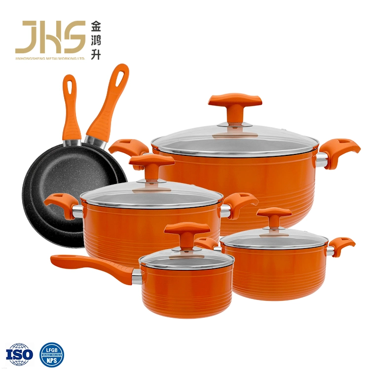 Wholesale 10PCS Orange Kitchen Non Stick Cooking Pot and Pan Nonstick Cookware Set with Frying Pan