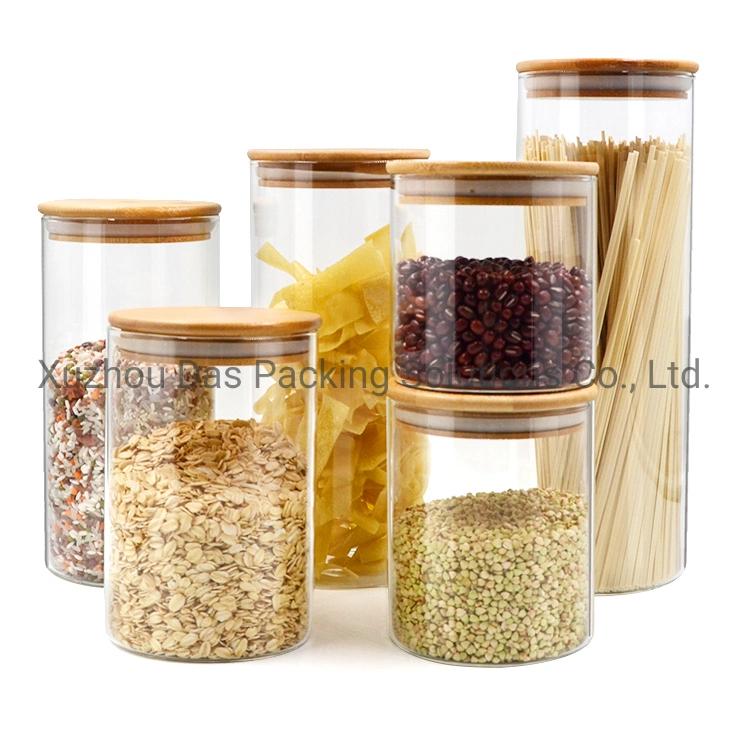 All Sizes Wooden Lid Straight Sided Round Borosilicate Glass Food Storage Spice Jar for Sugar Cookies Candy Spaghetti