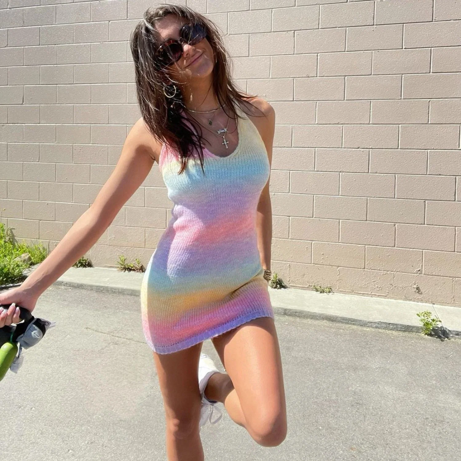 2021 Shein V Neck Rainbow Halter Knitted Women Mini Dress