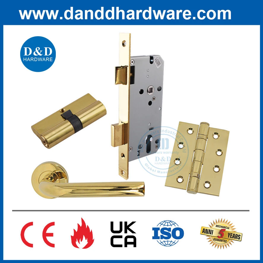 Golden Construction Hardware Set Polished Brass Mortise Lock Lever Handle Double Cylinder