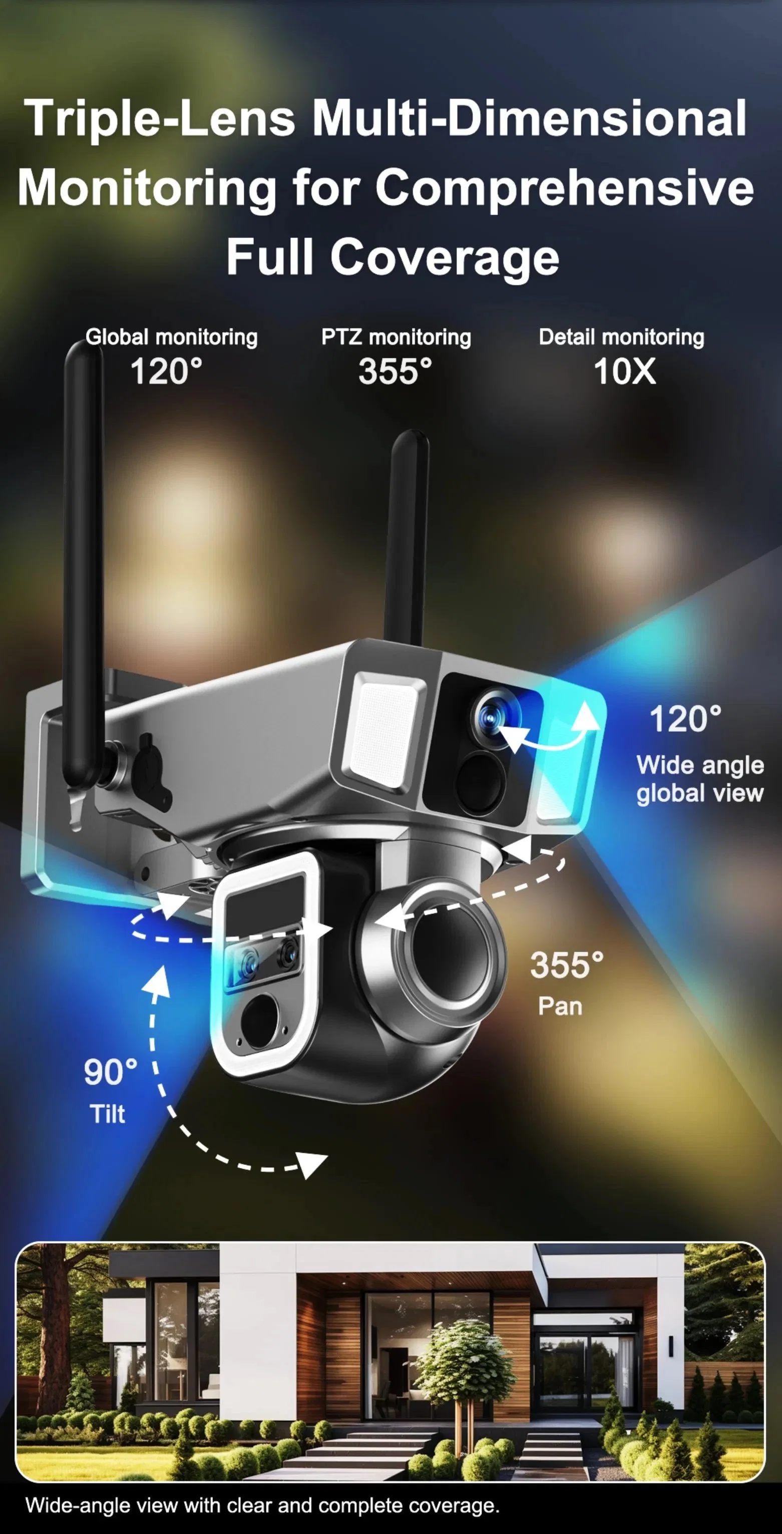 WiFi Triplelens 10X Zoom Dual Network in One Adapt to Multiple Scenarios Solar Camera Bullet and PTZ Smart Linkage 4G Cat1 and WiFi 6 Auto Focus Tracking Camera