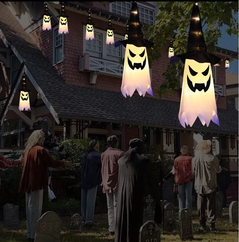 Halloween LED Lights Wizard Hat Hanging Lights Ghost Face Ghost Lights String Ghost Festival Horror Atmosphere Room Decoration Lights