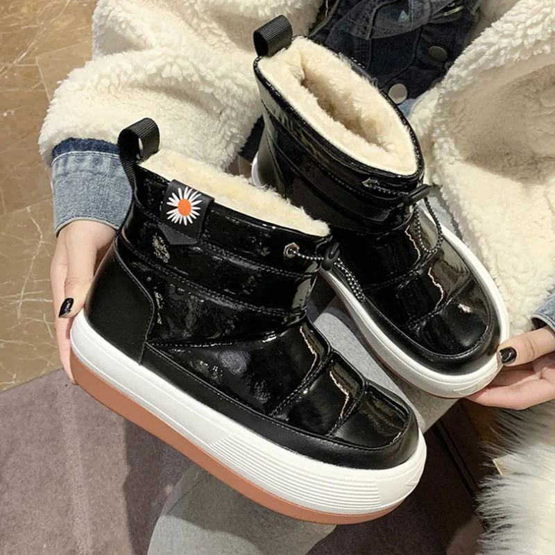2022 New Solid Color Shiny Skin Thick Sole Outdoor Winter Snow Boots Plush Warm High-Top Trend Casual Women Chunky Shoes