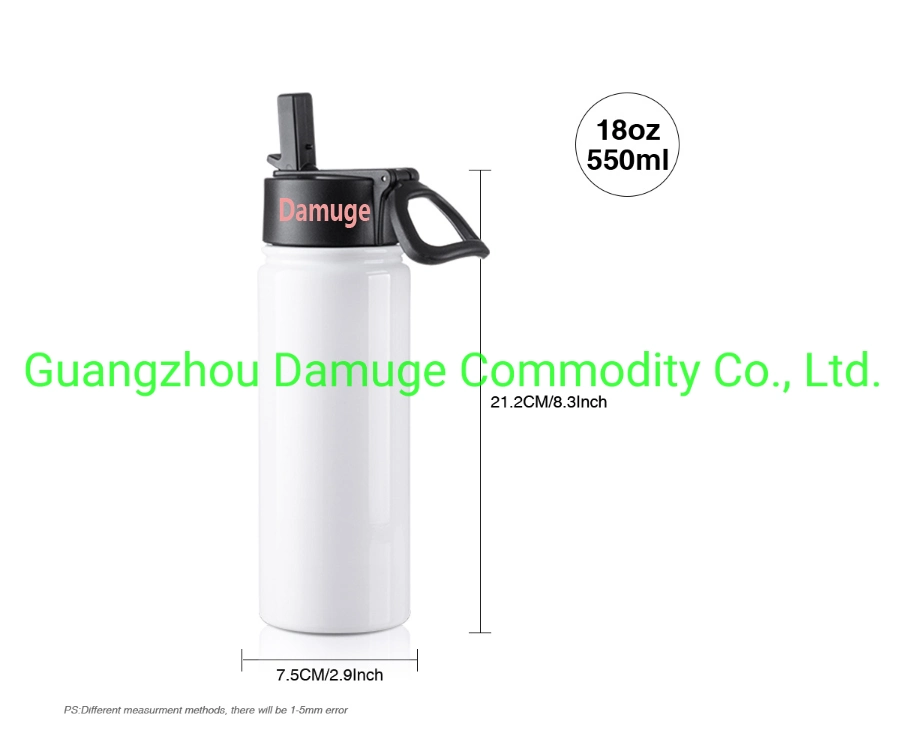 2021 Damuge Wholesale Sublimation Stainless Steel White Insulated Water Bottles with Wide Mouth Straw Lid and Rotating Handle