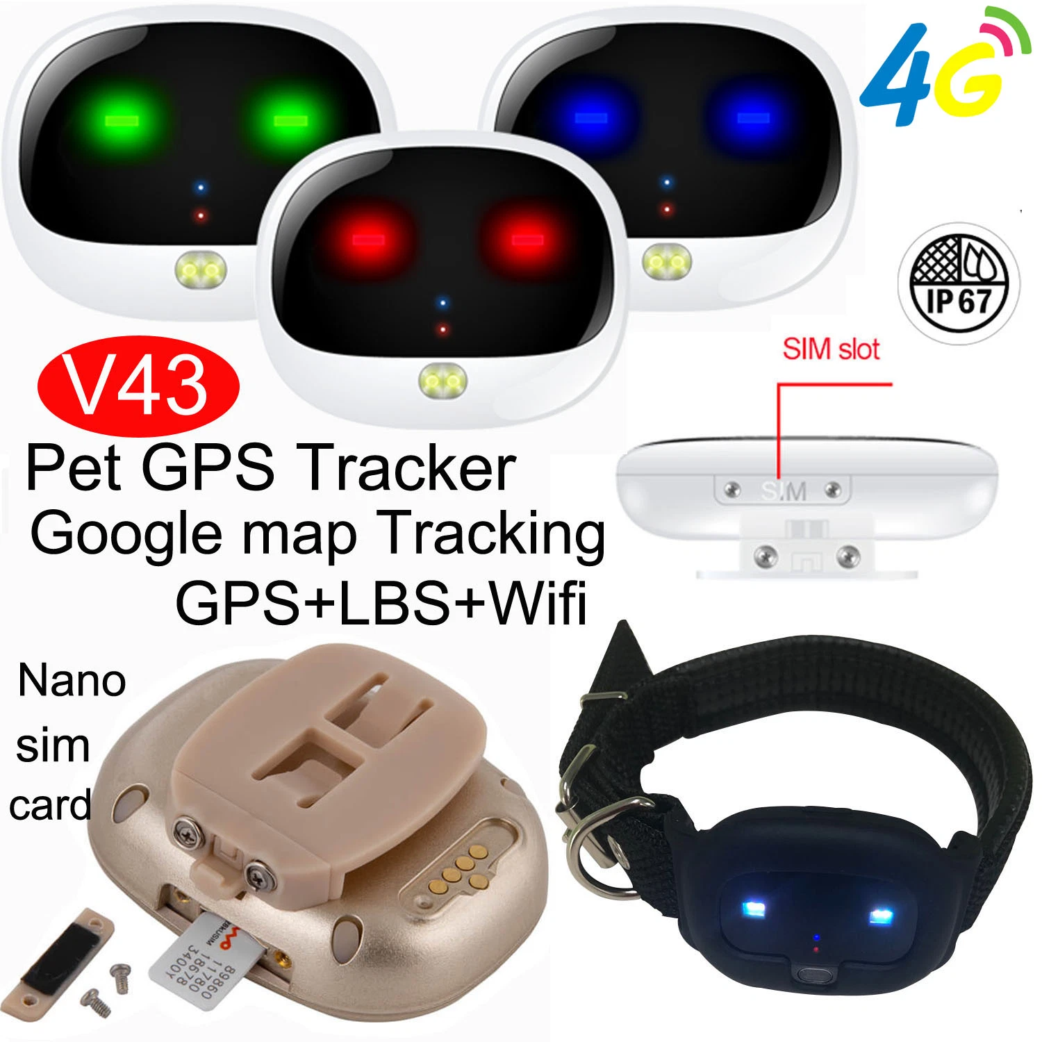 Dernier traceur GPS étanche IP67 pour chats, chiens et autres animaux de compagnie avec réseau 4G et positionnement précis multiple V43.