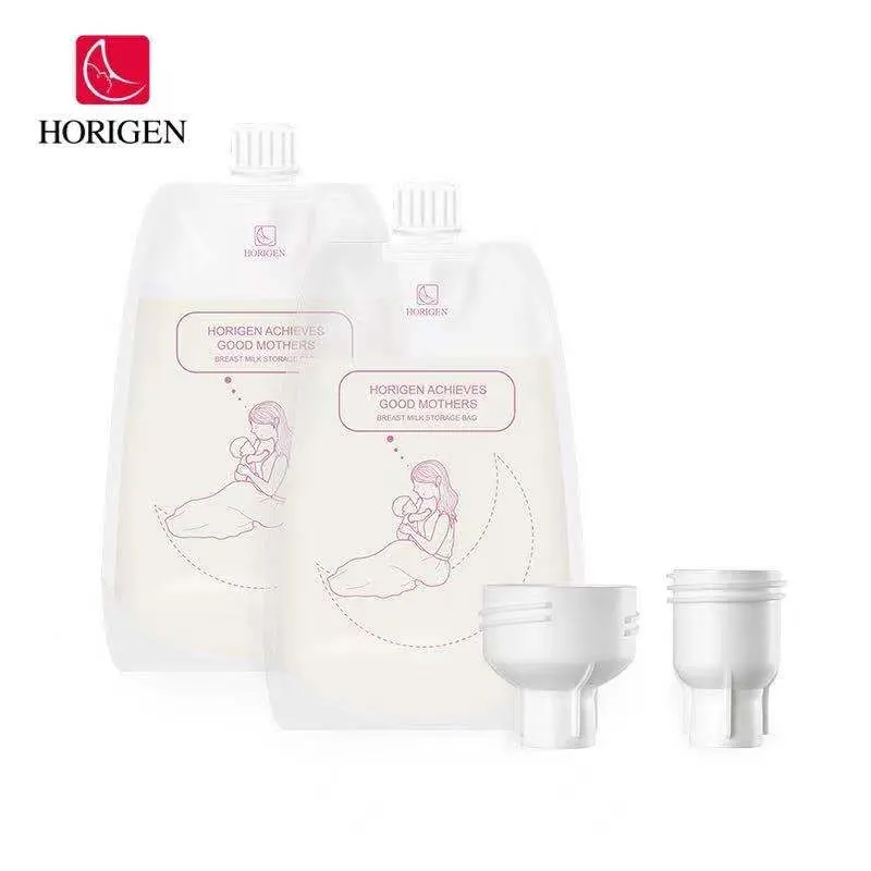 Horigen Food Grade Safe Durable Double Layer Material Breast Milk Storage Bags with Wide Neck Standard Neck Adapters