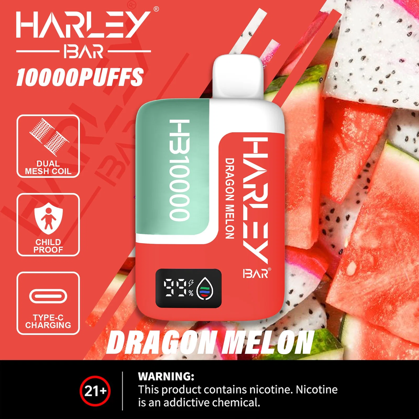 Harleybar Hb10000 Puffs VAPE desechable Dual Mesh Coil y Niño Prueba de bloqueo Snus tabaco