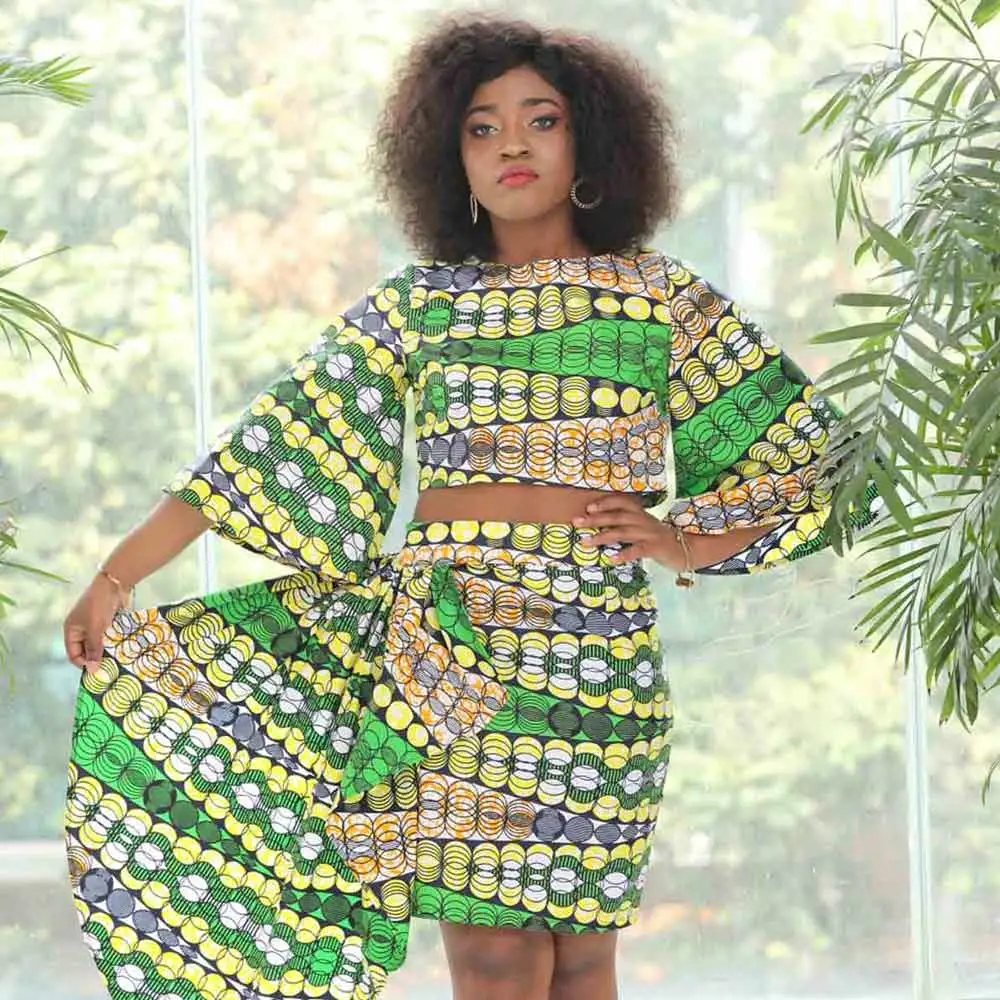 African Ankara Print Wax Fabric 2 Pieces Set Ruffled Skinny Skirt and Flare Sleeve Top Shirt Fashion Afrian Women Suit Clothing