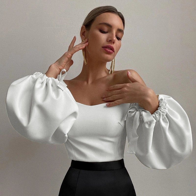 Lantern Sleeve Sexy Shoulder Top Top Summer New Trends Loose Oversize Vest Commute Pure Color Women's Clothing White Basic Cotton Lady Silk Top