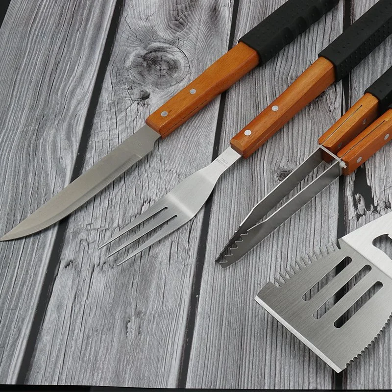 Outdoor Camping BBQ Kombinationswerkzeug Edelstahl Holzgriff Gabel Zangen Grillwerkzeug-Set