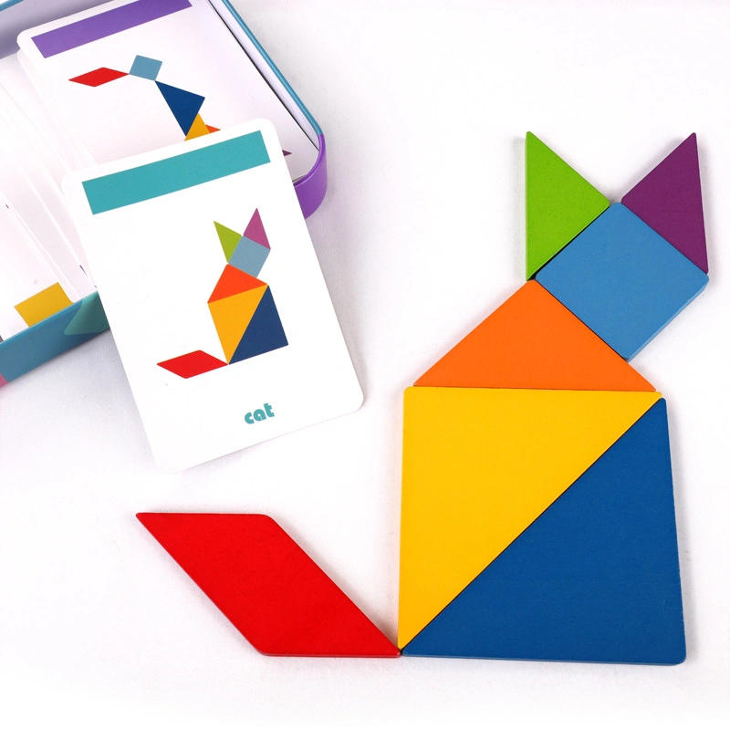 Los estudiantes de escuela de educación anti estrés de los dedos de mano de siete piezas de puzzle Shapes juguetes niños juguetes de juego de Tangram con caja de metal