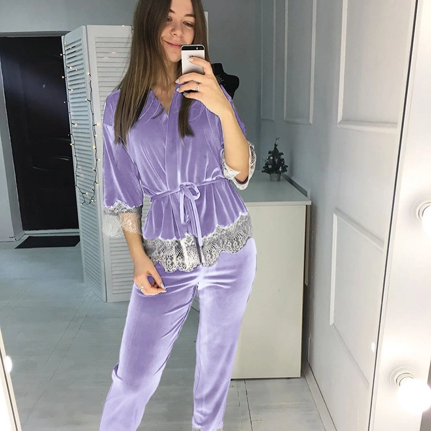 Women Spring and Autumn Fashion Lace Stitching Pajamas 2 Piece Set Purple Lounge Wear