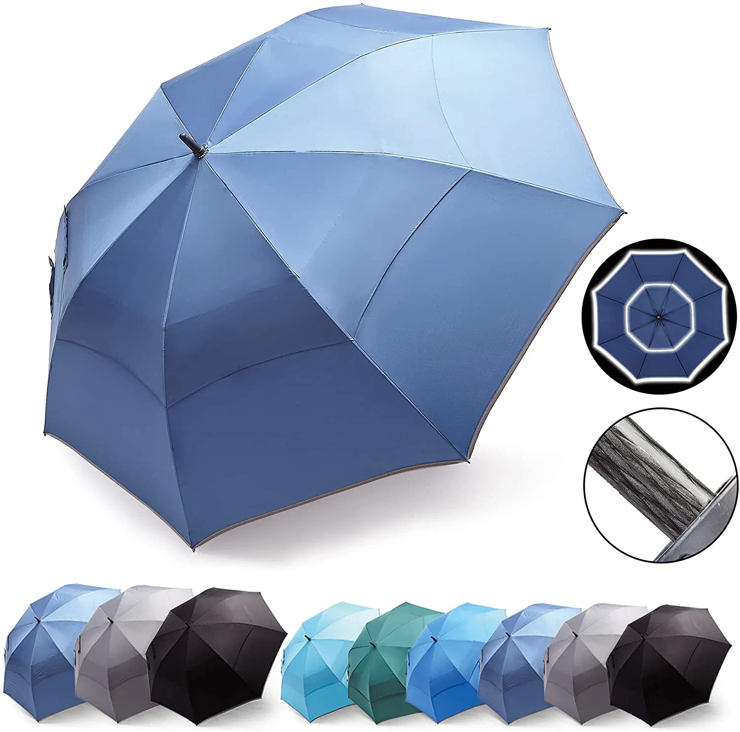 Dark Blue Auto Open Windproof Vented Golf Straight Umbrella for Heavy Rain