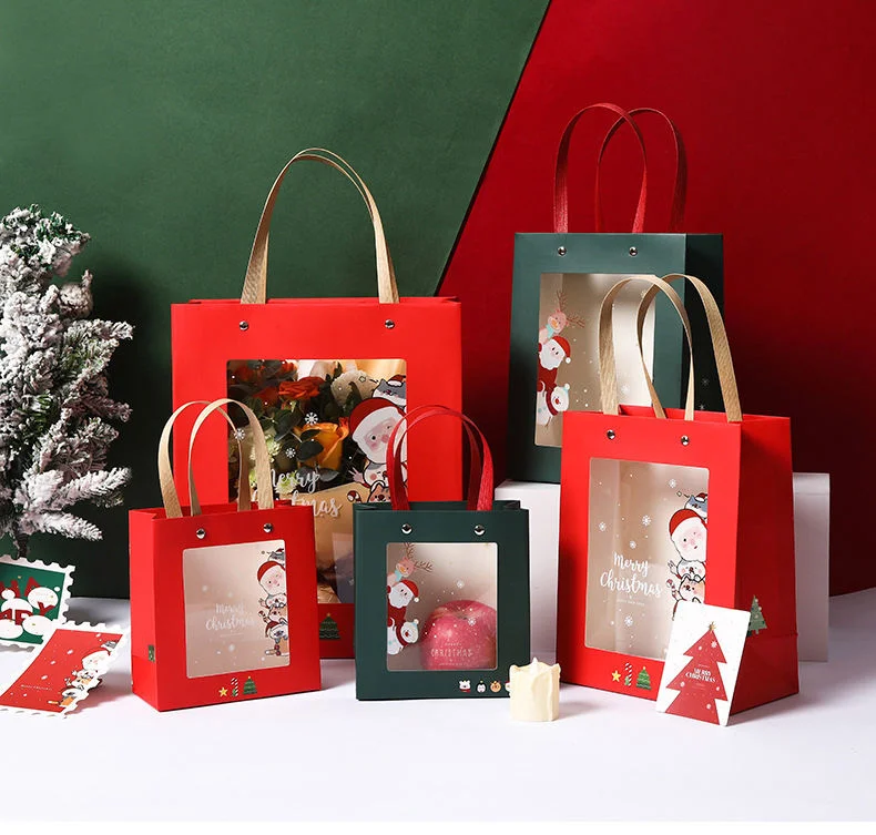 O material de papel ecológico e a embalagem reciclável incluem o presente de Natal Saco com janela em PVC transparente apresentar sacos de papel