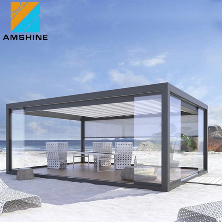 Aluminium Luxus motorisierte Pergola wasserdichte Outdoor Pavillon mit Glastür