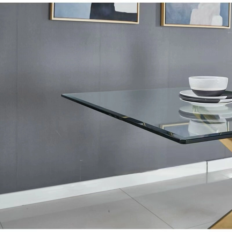 Modern Transparent Tempered Glass Dining Table with Gold Stainless Steel Frame