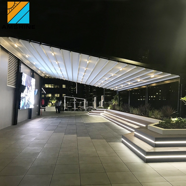 Neues Design Falten Elektro Moderne Sonnenschirm Markisen Outdoor Bioclimatic Pavillon Pergola PVC Dach Wasserdichte Terrasse Sonnenraum ausziehbare Schiebedach Mit LED-Licht