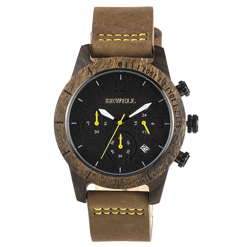 Bewell ver hombres Muñeca de Madera 41mm Japón Vd53 Movt Sándalo negro reloj cronógrafo de cuero Fastrack Reloj para hombres