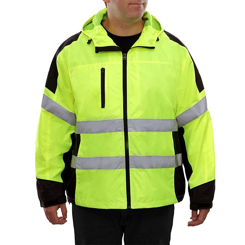 Reflective Apparel High Visibility Hooded Windbreaker Safety ANSI Class 2 Water-Resistant Shell Jacket