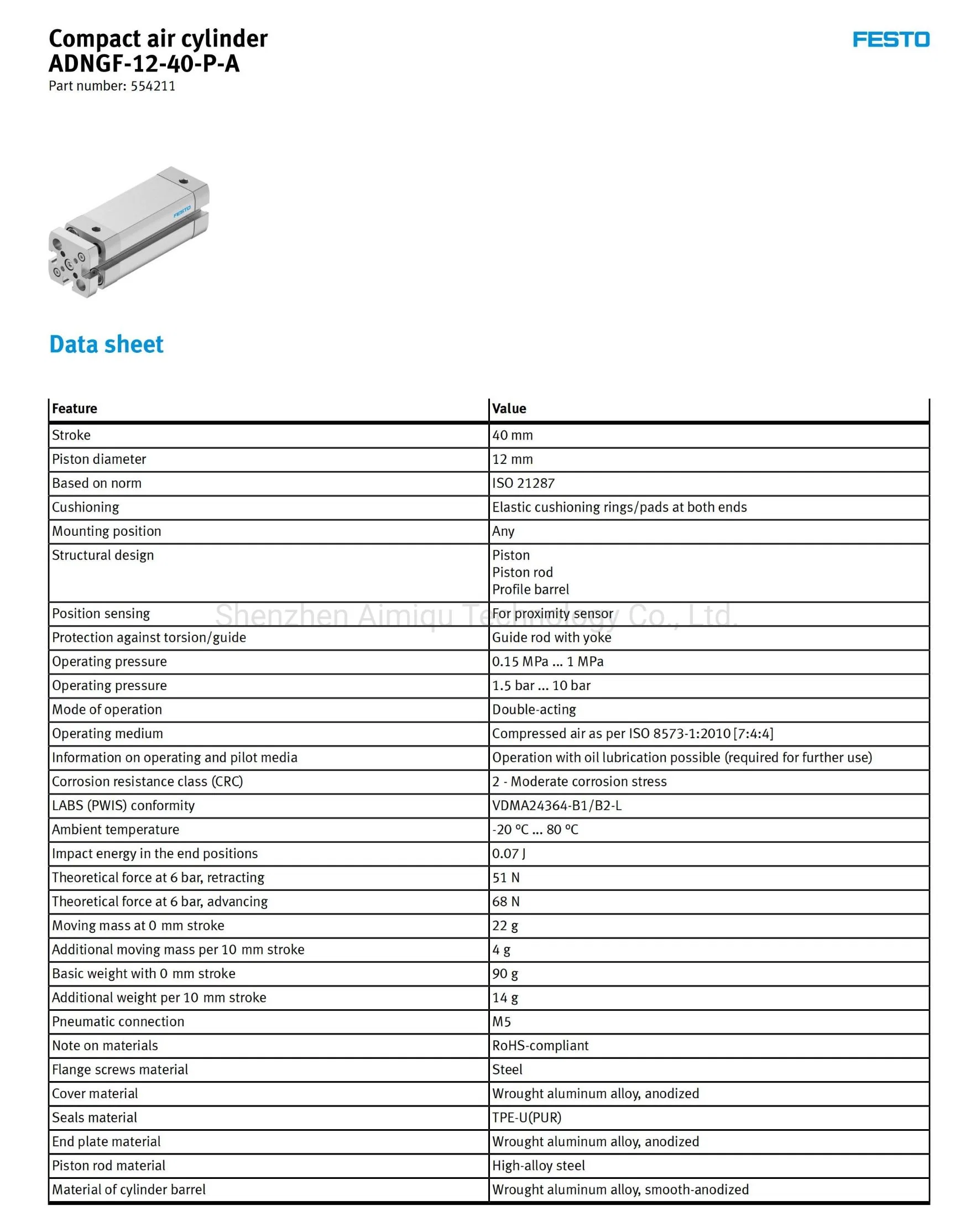 554211 Adngf-12-40-P-a From Festo Pneumatic Compact Air Cylinder RoHS-Compliant