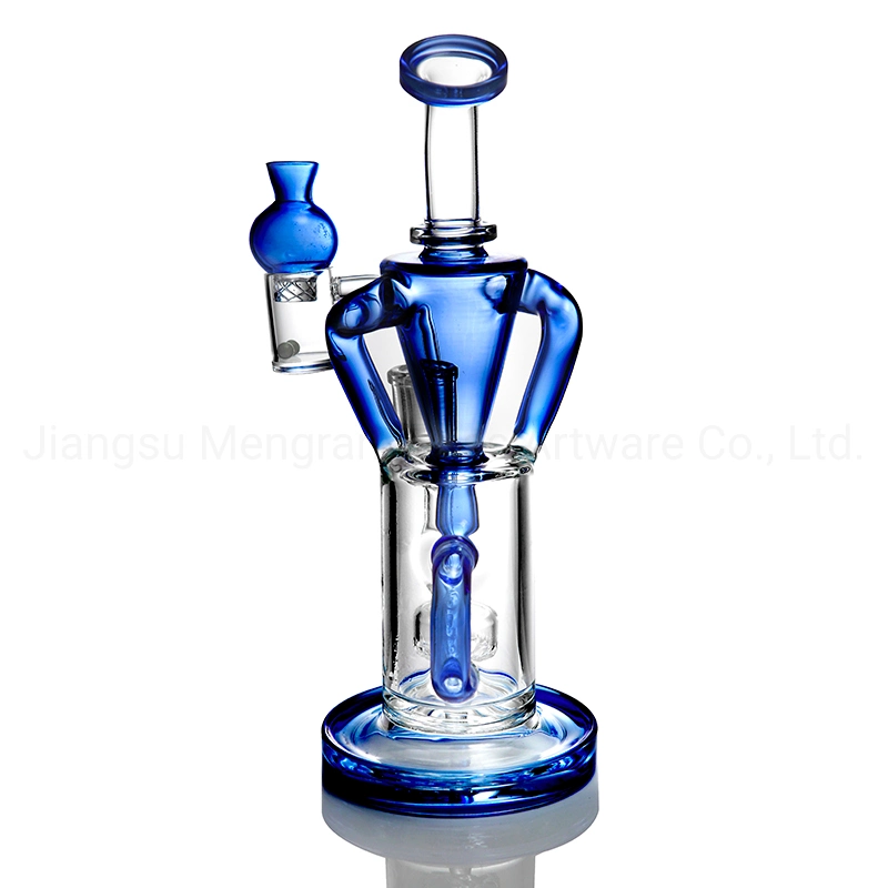 High-Temperature Glass Hookah Shisha Transparent Blue Arms Around and Cylindrical Porous Bubbler Glass Water Pipe