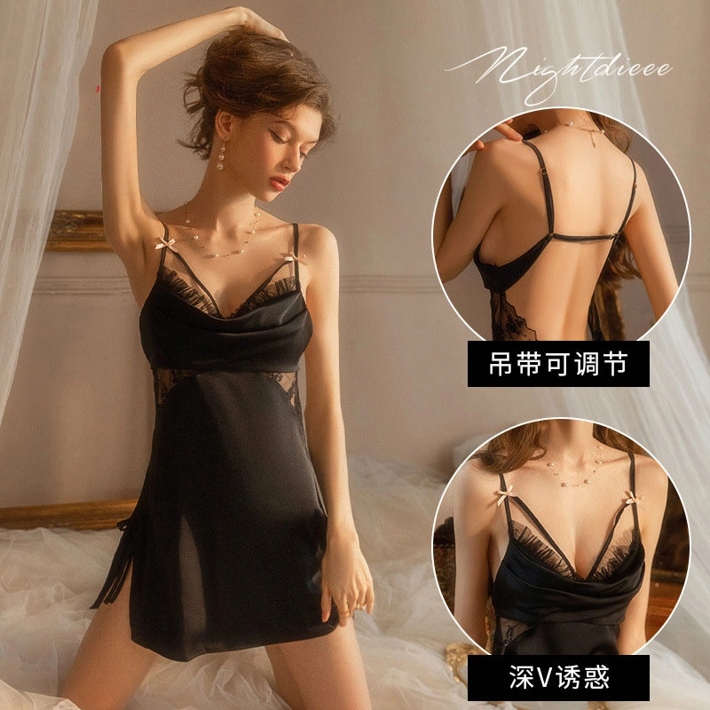 Soft Satin Sexy Pajama Women Fall Explosive Lace Edge Hollowed-out Halter Seductive Slip Dress Home Wear