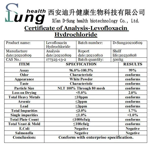 Veterinary Levofloxacin Hydrochloride Purity Levofloxacin HCl Powder Levofloxacin Hydrochloride