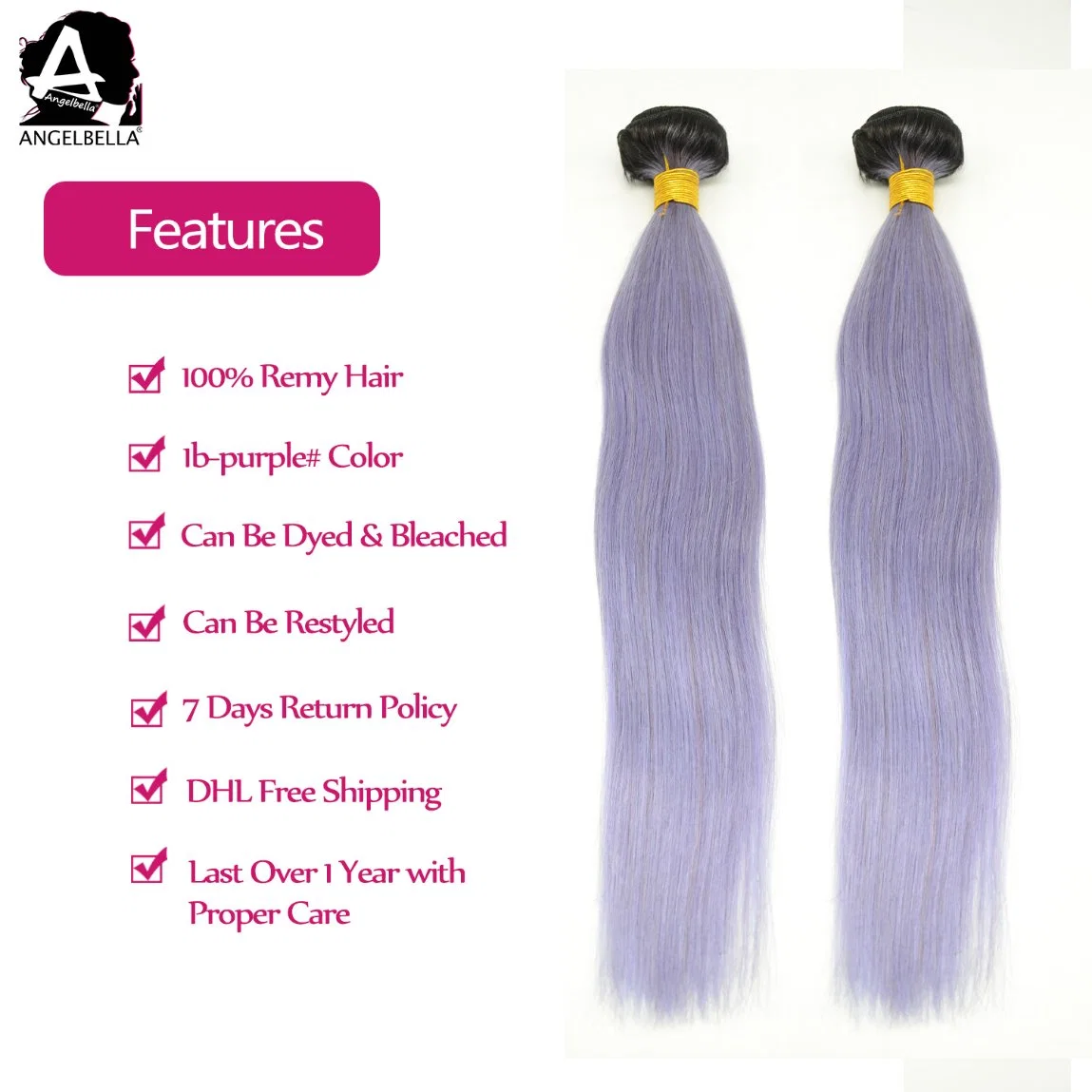 Angelbella Hotsales Human Hair Weft Pink/Green/Purple Chinese Remy Hair Weave