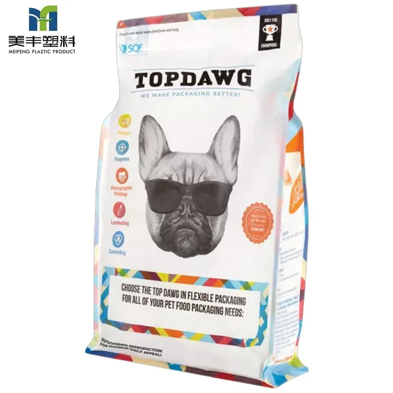 مباشرة الجهة المصنعة اللامعة بأوراق فارنيش مقبض خارجي Pet Food Packaging Bag حقيبة Vecro Zip Quad Seal Bag مسطحة