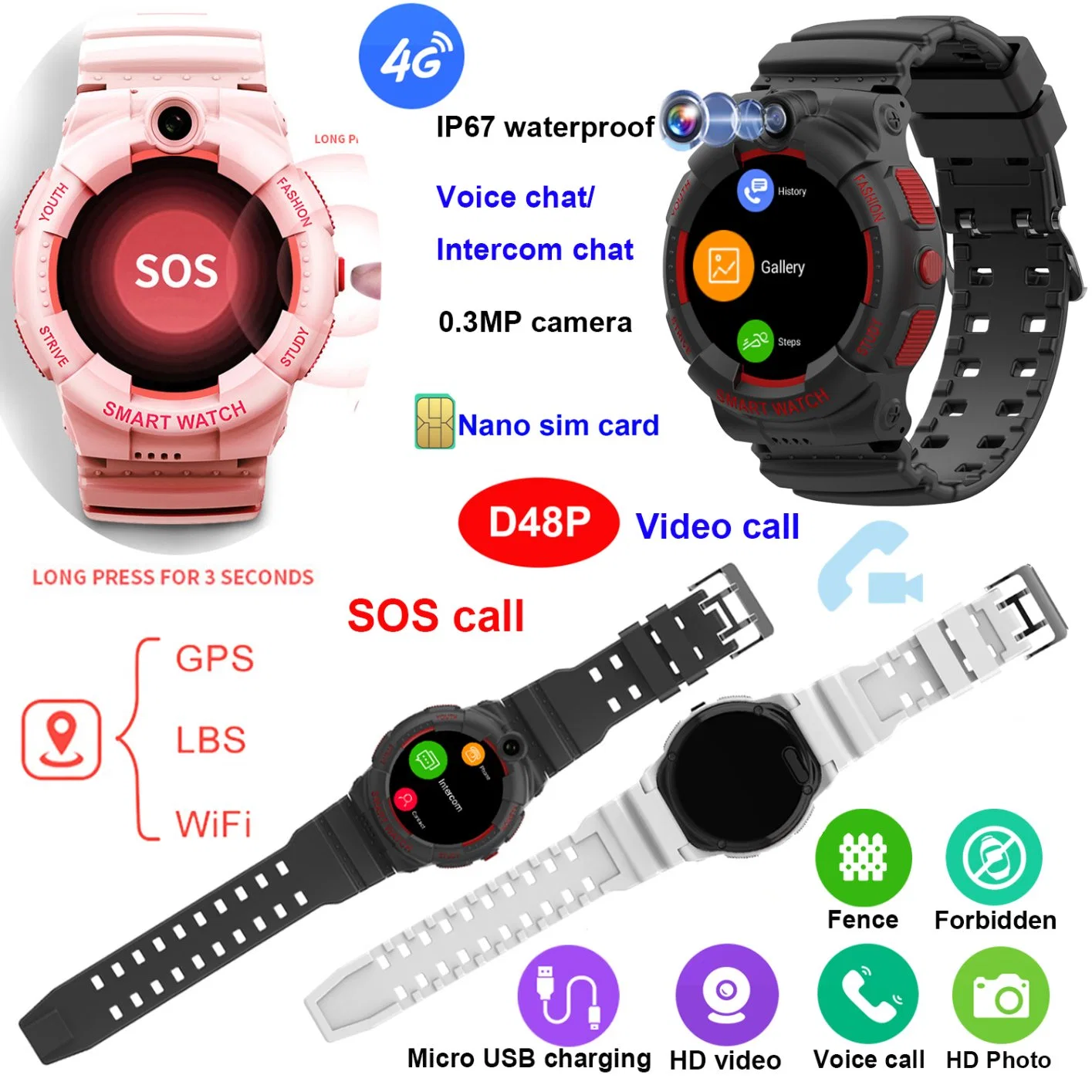 La calidad de la fábrica China Impermeable IP67 4G de la pantalla de la Ronda de llamadas de vídeo inteligente de seguridad reloj GPS Tracker para los niños con llamada de emergencia SOS D48P