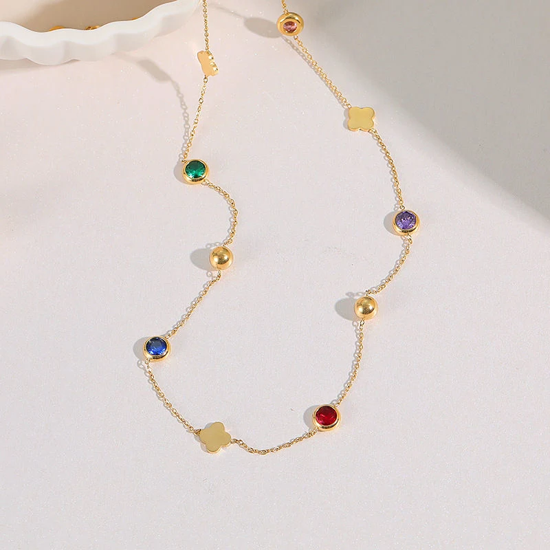 Fashion Jewelry Stainless Steel Chain Link Colorful Zircon Beads Clover Necklace