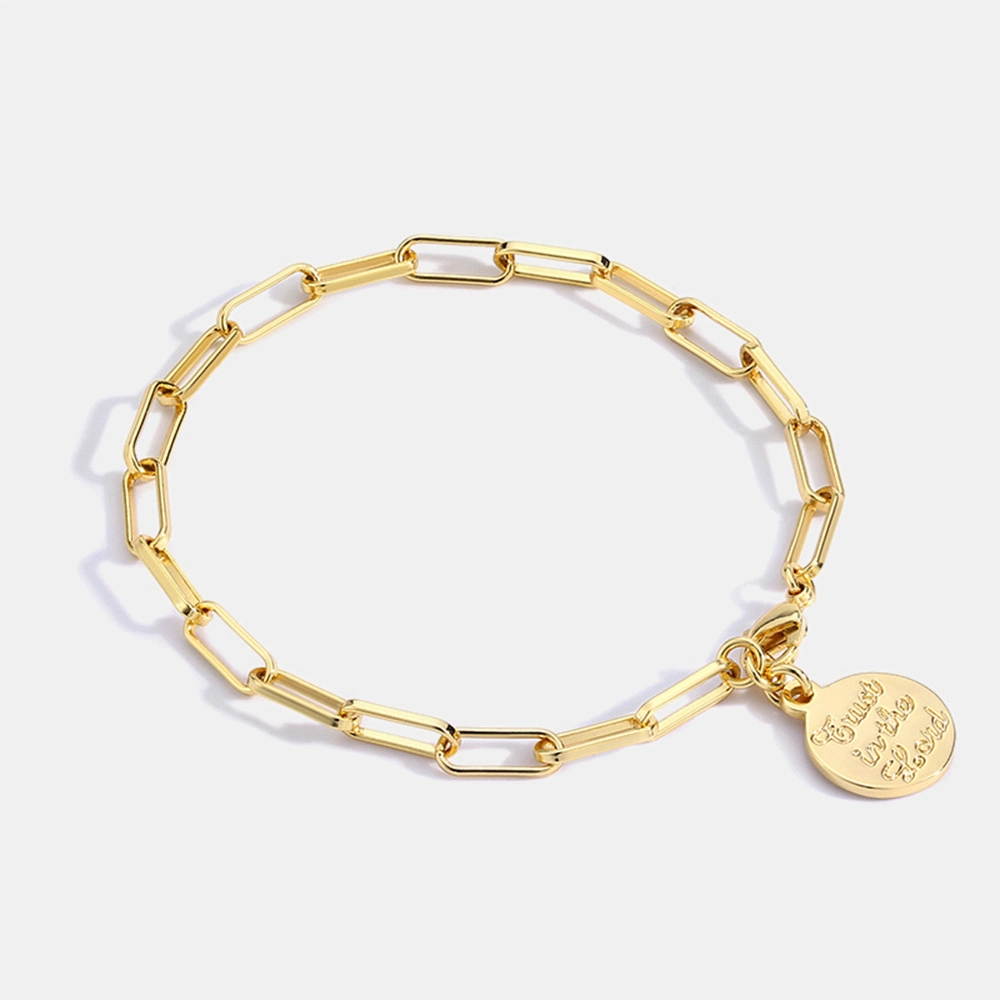 Latón chapado en oro de minimalismo moda ronda grabado carta que deseen el encanto de la moneda de bronce de la cadena enlace colgante pulsera para mujer