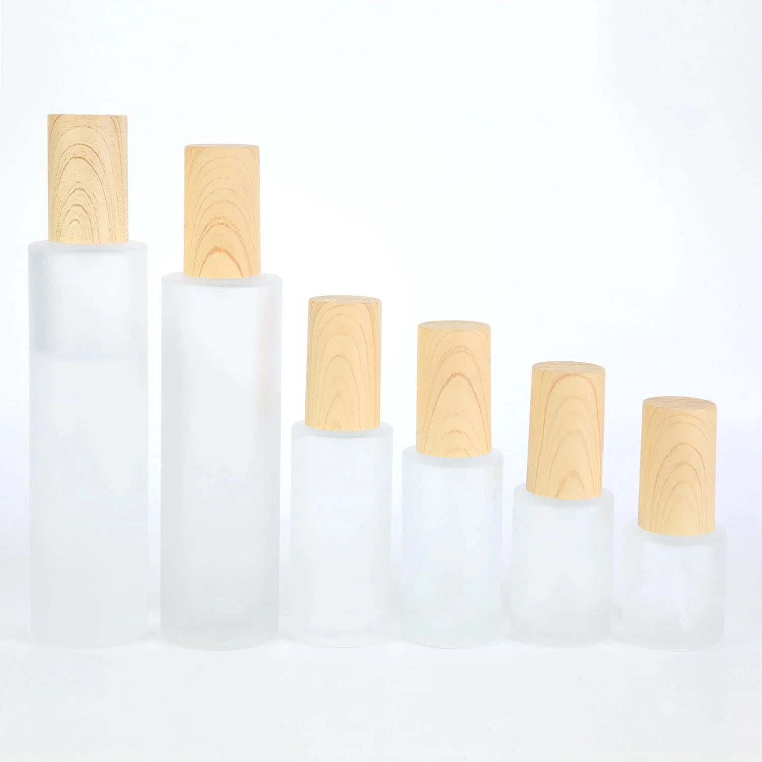 Eco-Freindly Frosted Cosmetic Packaging Container Glass Bottles Spray Pump Perfume Bottle Glass Jar with Bamboo Cover Cap