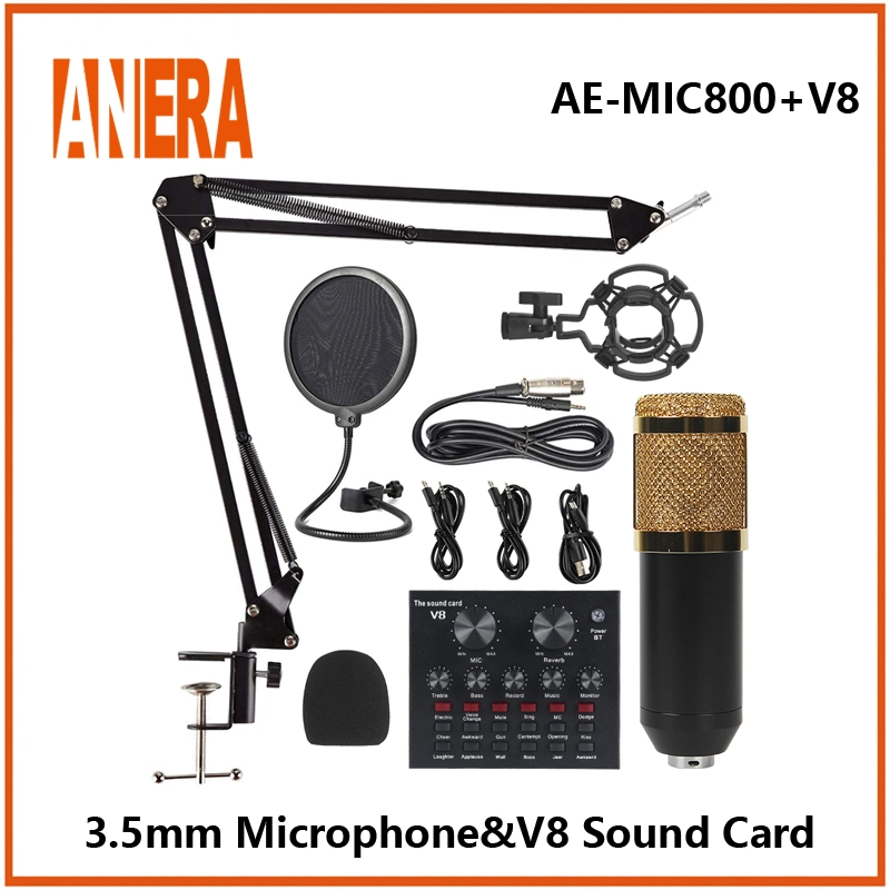 ميكروفون بمكثف Bm800 لتسجيل الصوت الاحترافي مع صوت V8 مجموعة أدوات بطاقة صوت البث عبر الإنترنت لوحدة البطاقة