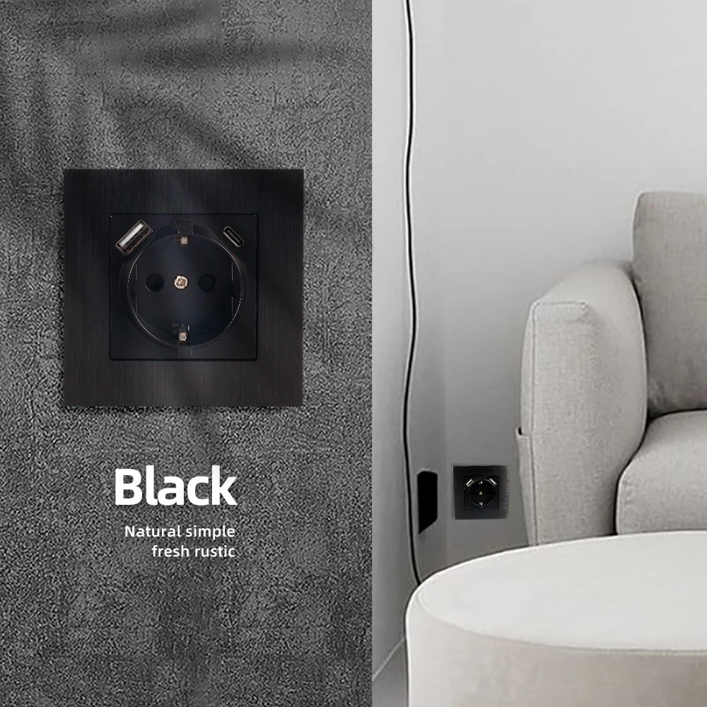 Elegant Design Aluminum Wall Plate Black Gold Grey Color EU Standard German Schuko Wall Socket with Type a Type C USB Chargers