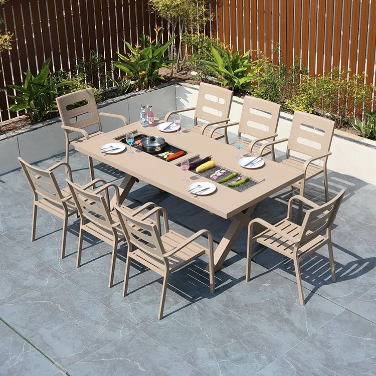 Loisirs modernes Barbecue électrique Mobilier de jardin extérieur nordique Grande grille en aluminium moulé Tables et chaises en bois plastique pour les repas