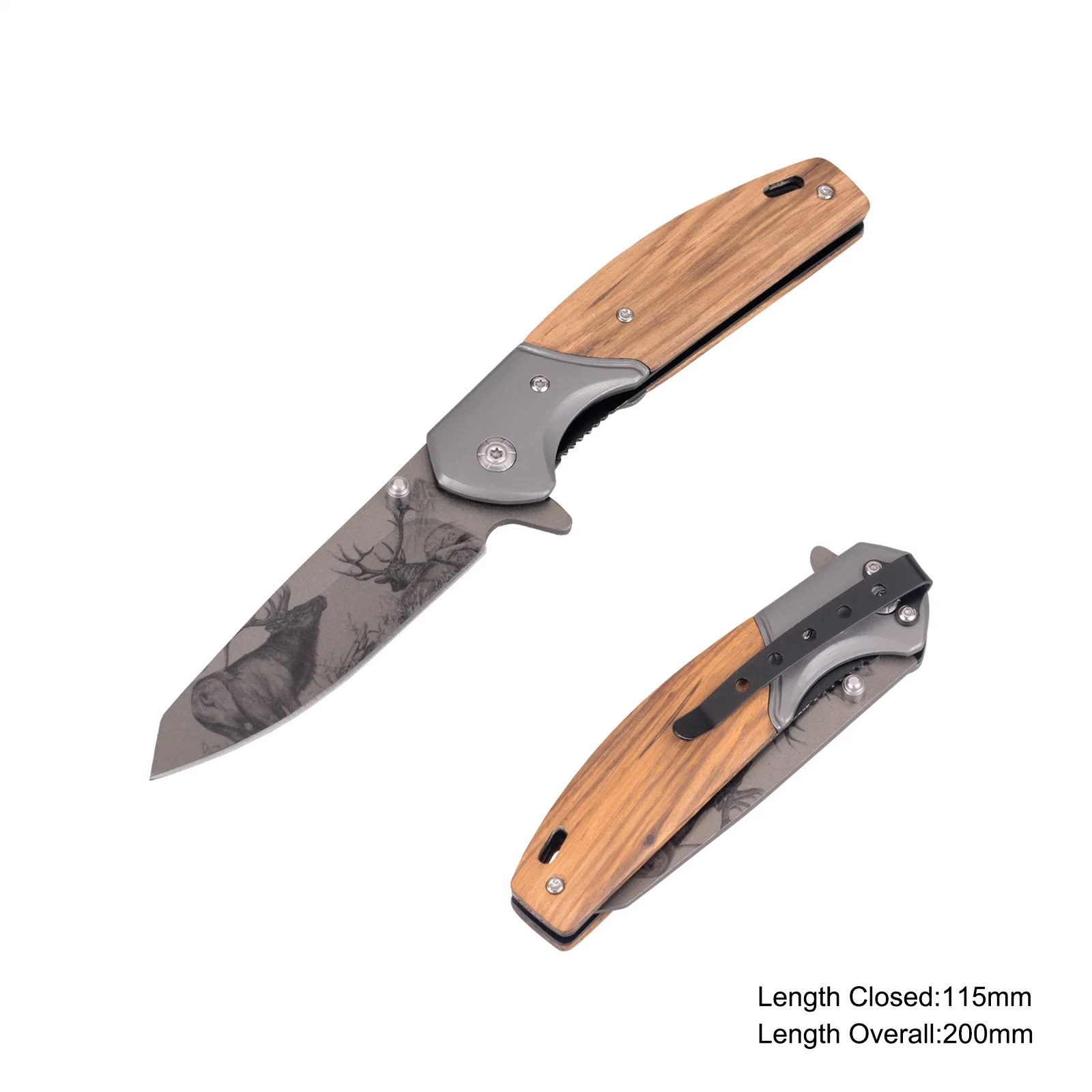 Stainless Steel Folding Knife with Wooden Handle and Pattern (#31175W)