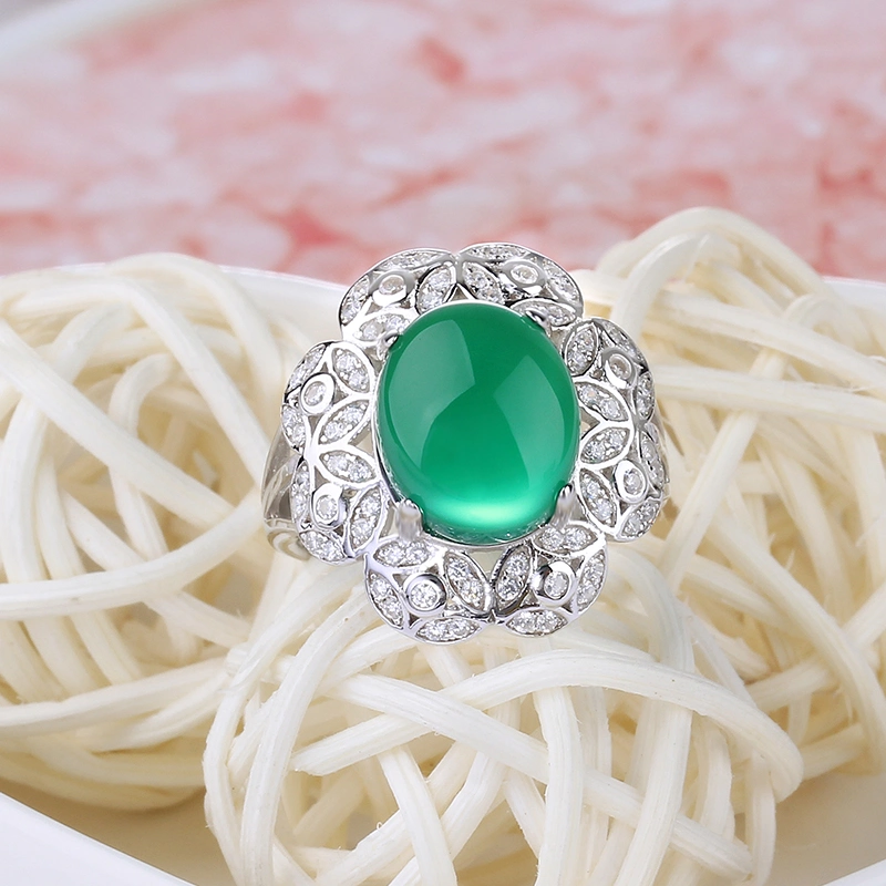 Joyas de Plata de lujo elegante Anillo de piedra de gran tamaño ajustable en la joyería de jade para Cóctel