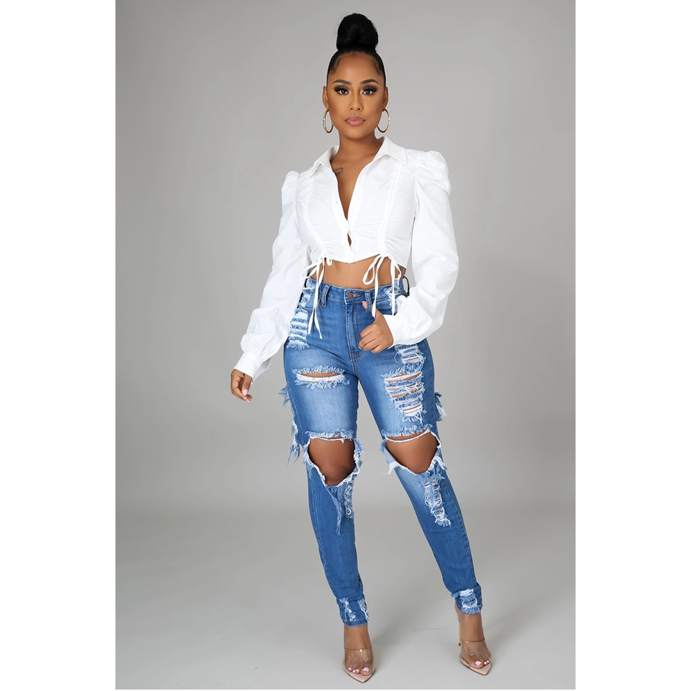 La moda de la mujer vaqueros Skinny Azul Ripped Jeans Pantalones Mujer Mayorista/Proveedor de 2022.