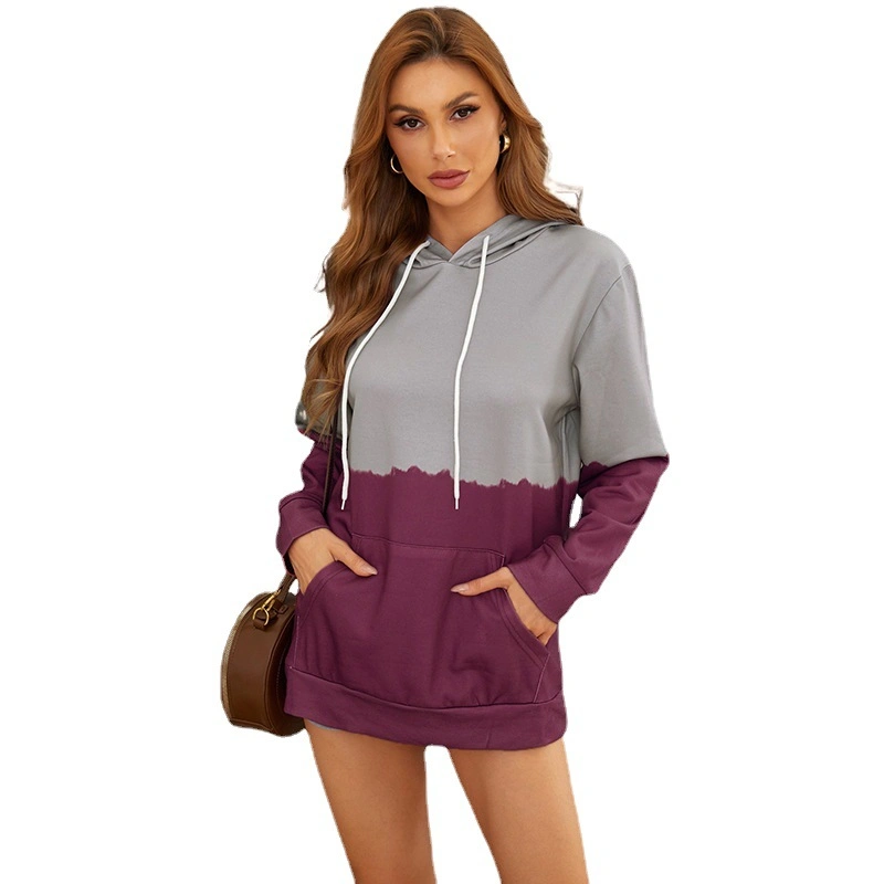 Bloque de Color de la mujer Casual Tops Manga Larga sudaderas con capucha sudaderas suéter Drawstring con bolsillo (S-XXL)