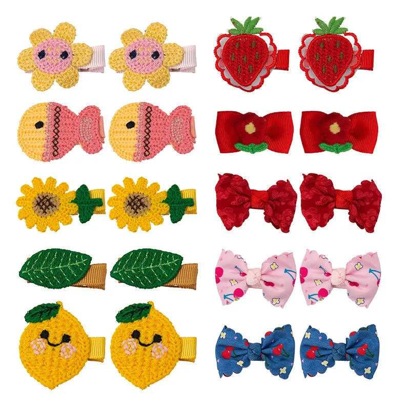 Cartoon Handmade Knitted Crochet Hair Clips Flower Fruit Animal Duckbill Clip Bow Barrettes Hairgrip Children Kids Hairpin Set