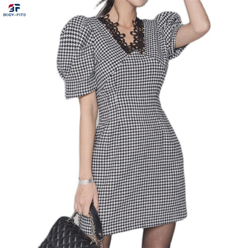 Ropa de mujeres de la primavera de Corea Slim con cuello en V de encaje cosido de moda vestidos de cintura Houndstooth