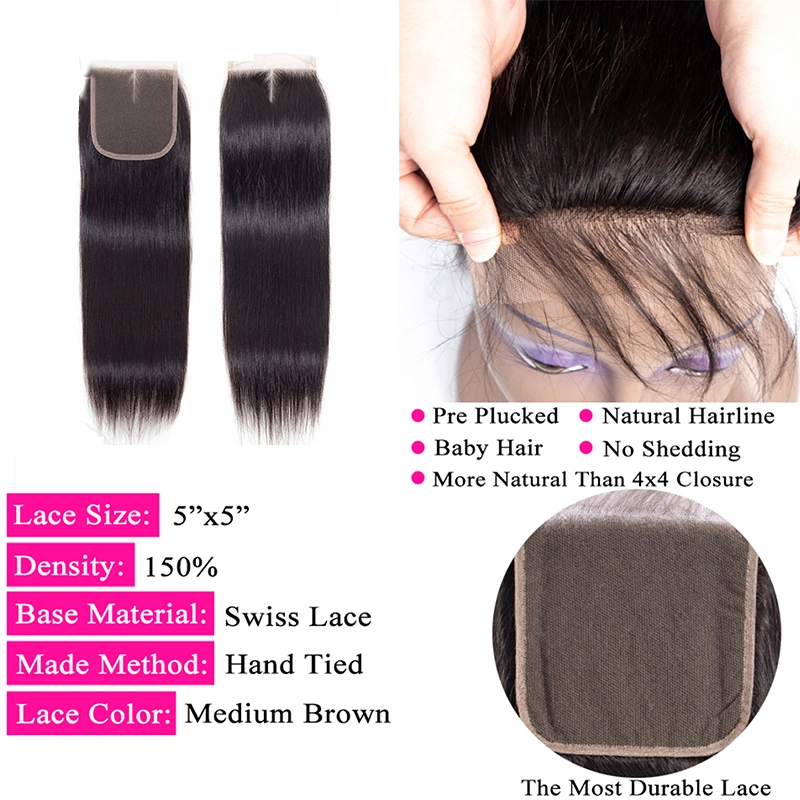 Brazilian Hair Lace Closure Remy Virgin Hair Weave 5X5 Lace Closure Free/Middle/Three Part Swiss Lace Closure with Baby Hair